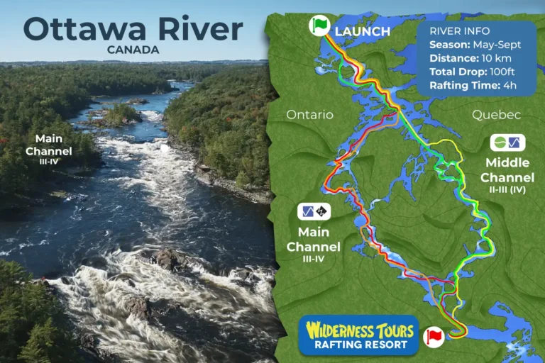 Map shows possible routes for whitewater rafting at wilderness tours ottawa river