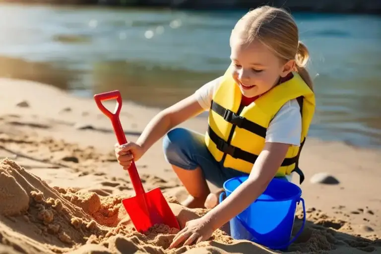 young kid playing in the sand with shovel and bucket by a river in life jacket