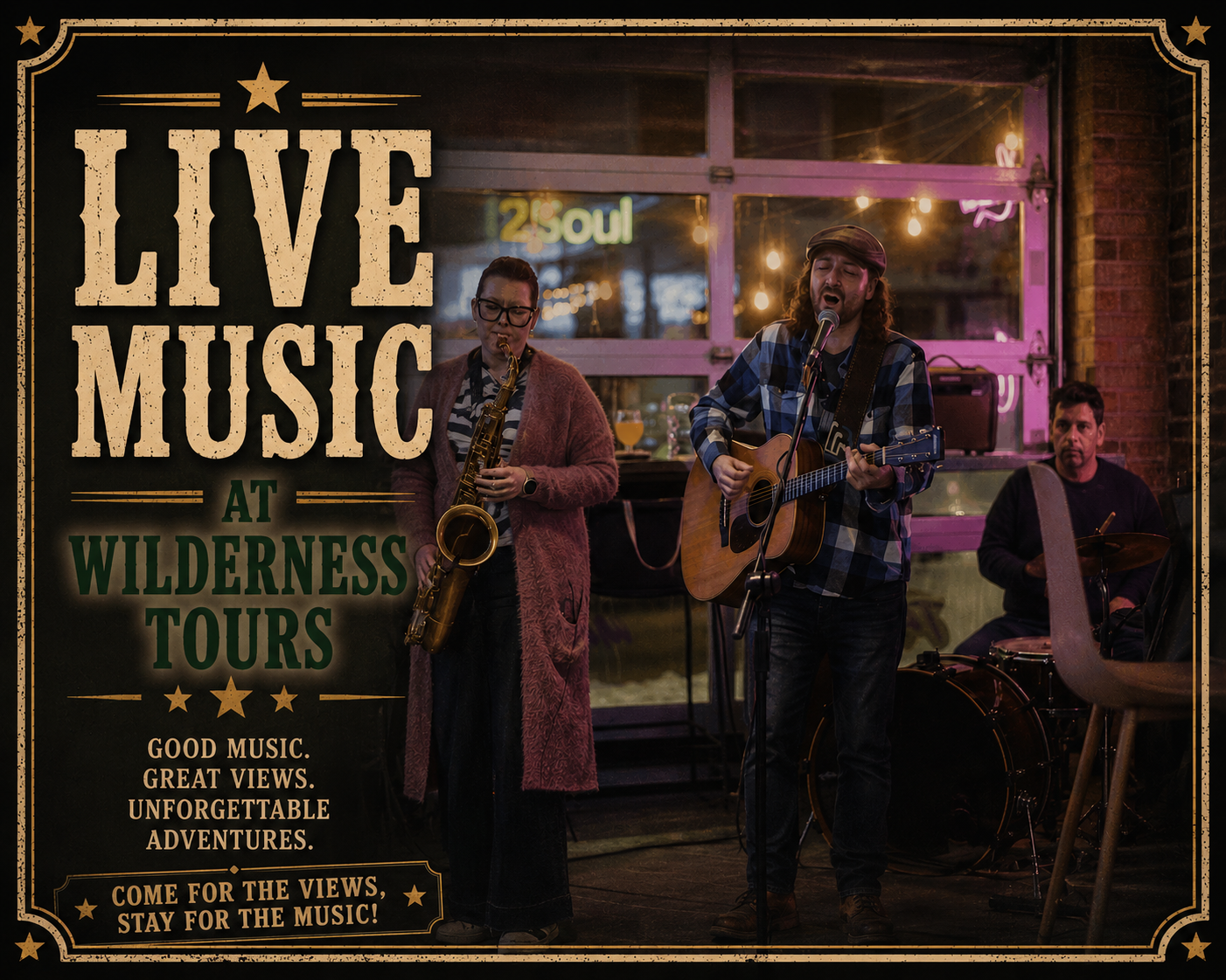 Live music performance inside a venue with a guitarist and saxophonist, drummer in back, and a vintage poster framing the scene.