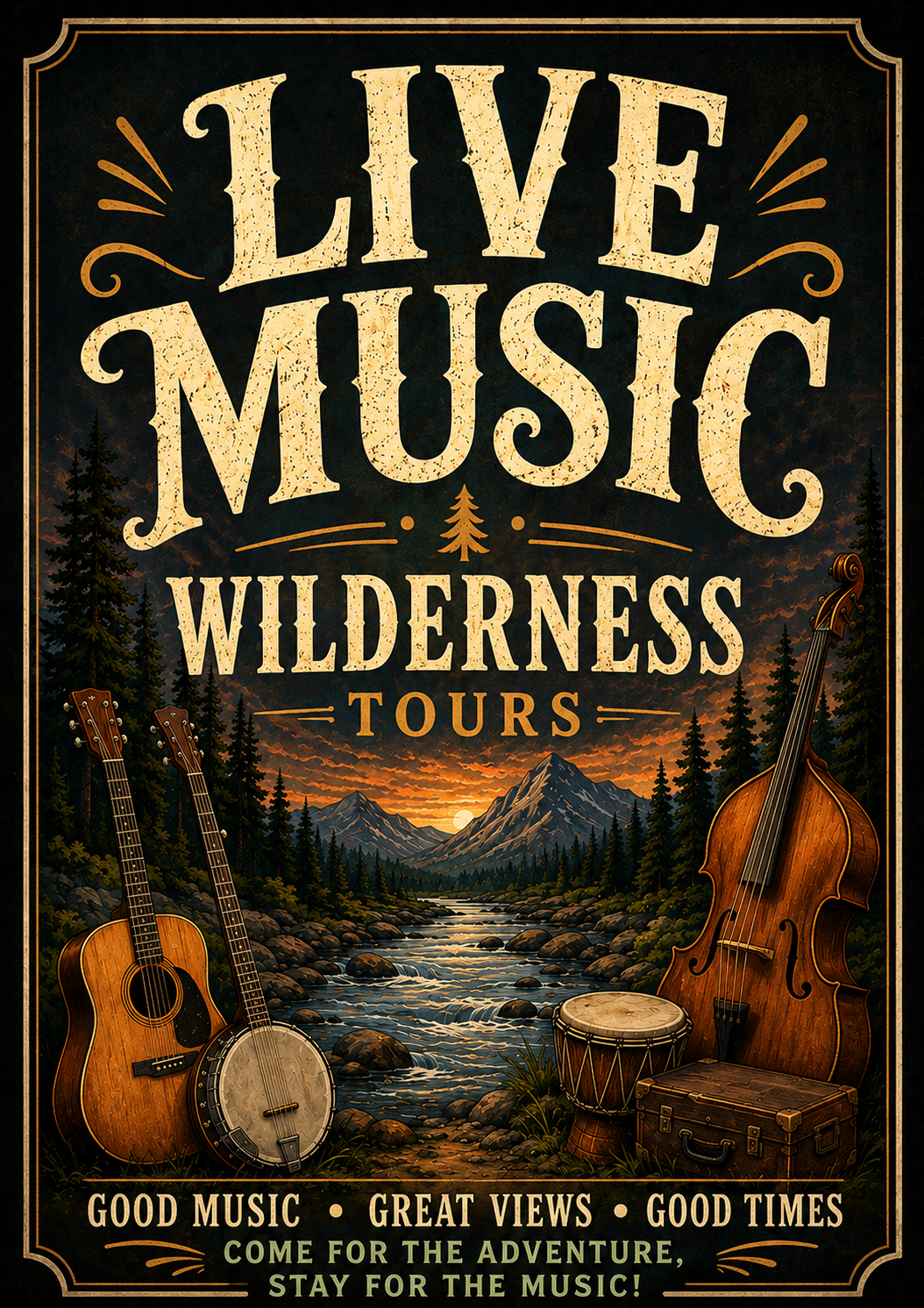 Poster for Live Music Wilderness Tours featuring guitars, a banjo, a drum, and a cello/violin beside a forest and river at sunset, with mountains in the background.