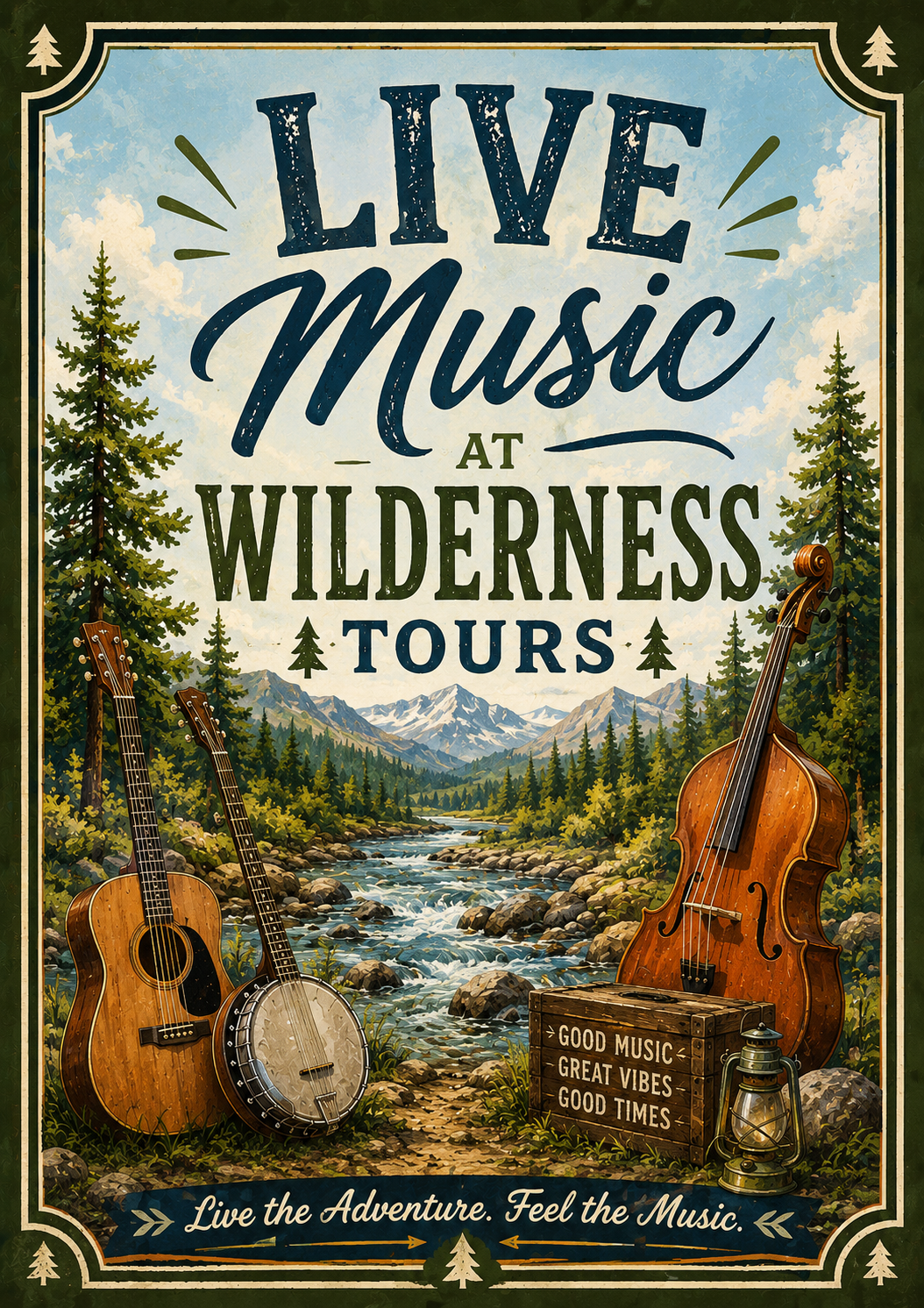 Outdoor concert poster featuring live music at Wilderness Tours, with guitars, a banjo, a cello, mountains and a river in a forest setting.