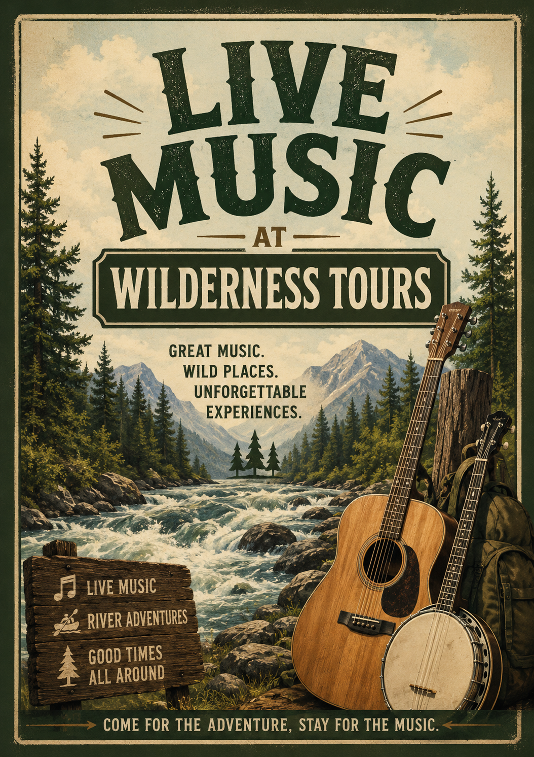 Poster advertising live music at Wilderness Tours with guitars beside a forest river.
