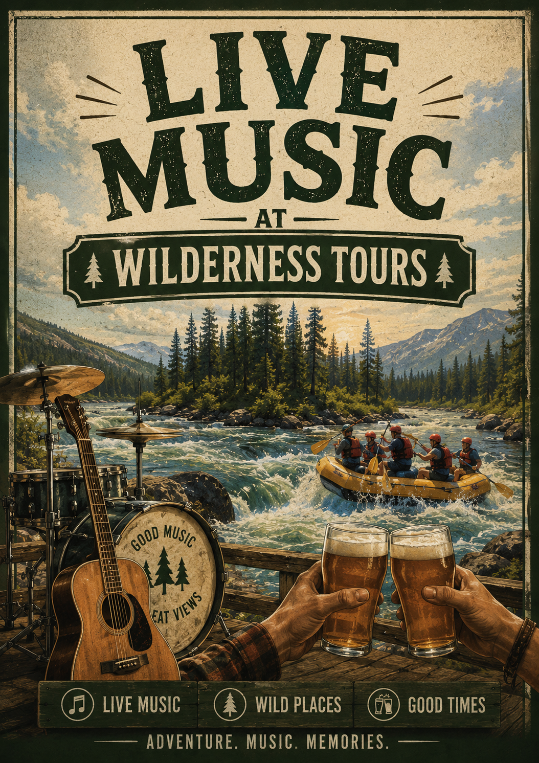 Poster for live music at Wilderness Tours showing a river with a raft, a drum set and guitar on a deck, and people toasting with beers in the foreground.