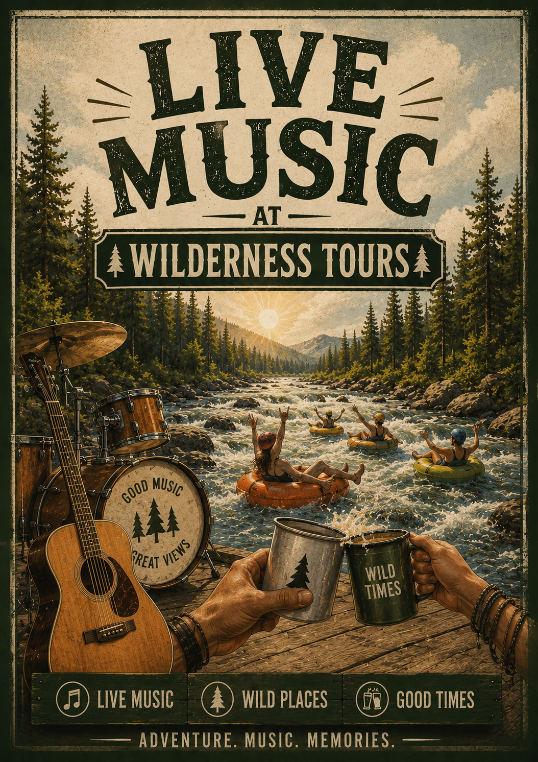 Poster advertising live music at Wilderness Tours, with a river scene, tubing group, and a guitar and drums on a wooden dock, mugs raised in toast.