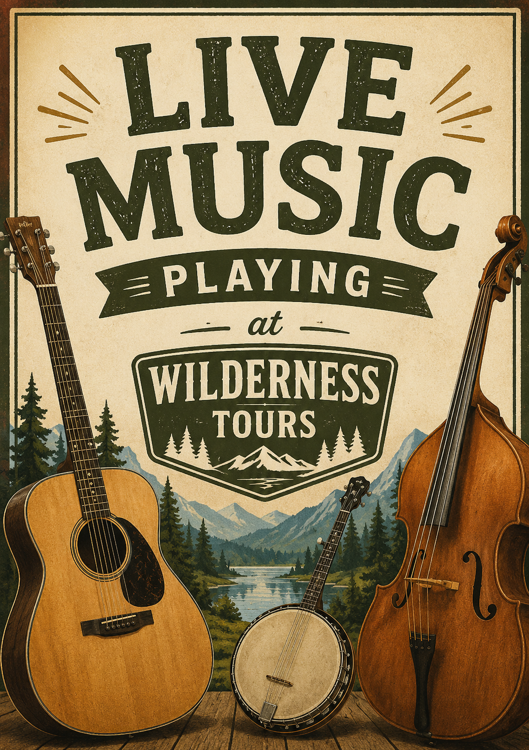 Generic music - Wilderness Tours Raft and Kayak Resort Poster advertising live music at Wilderness Tours, with an acoustic guitar, banjo and upright bass against a mountain lake backdrop.