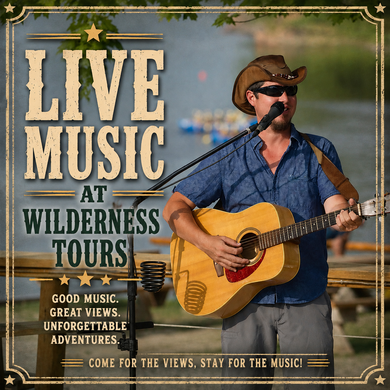 Guitarist wearing a brown hat and sunglasses plays an acoustic guitar outdoors by a lake; promotional poster reads 'LIVE MUSIC AT WILDERNESS TOURS'.