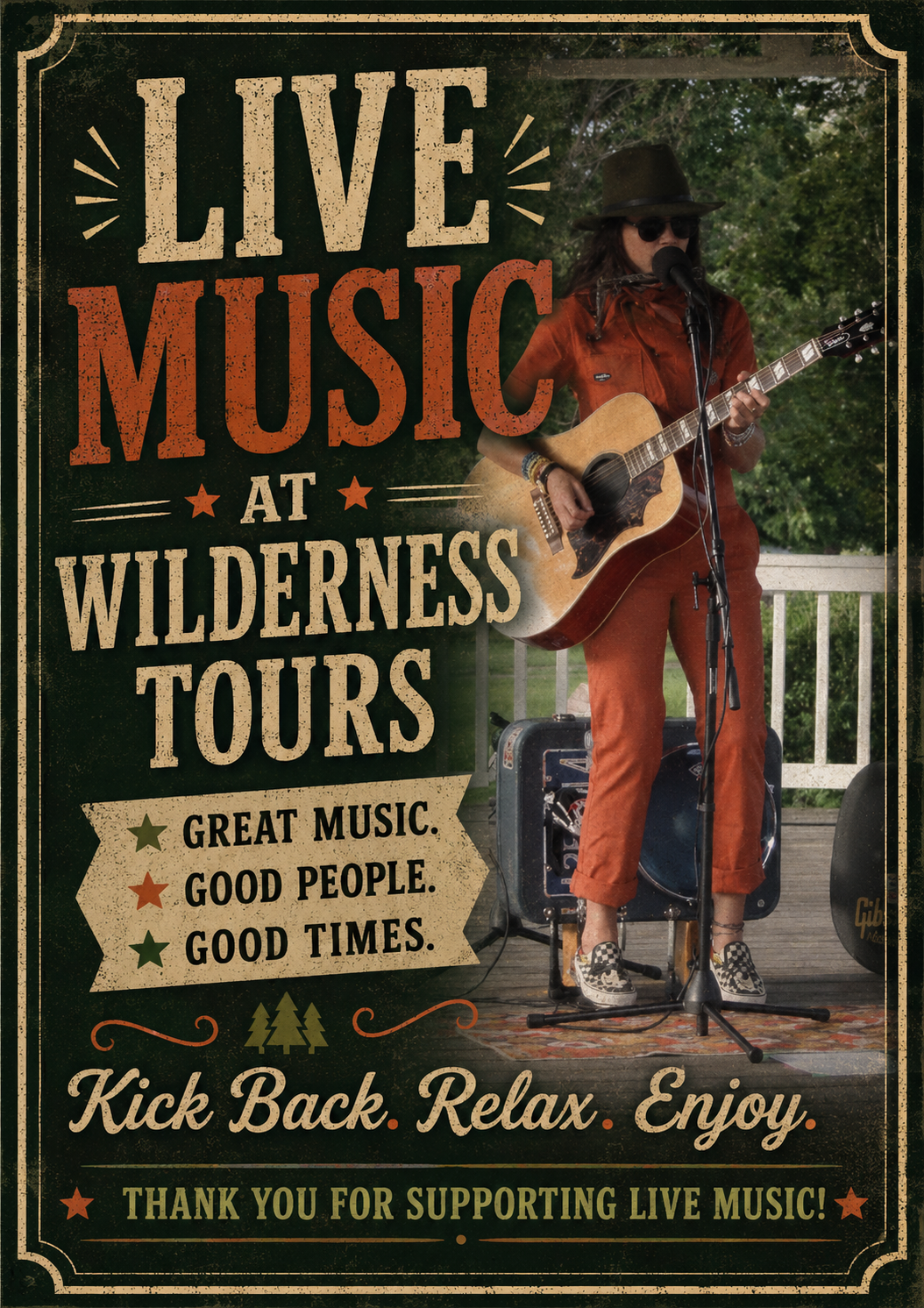 Vintage-style poster advertising 'Live Music at Wilderness Tours' with a guitarist in an orange outfit performing outdoors.