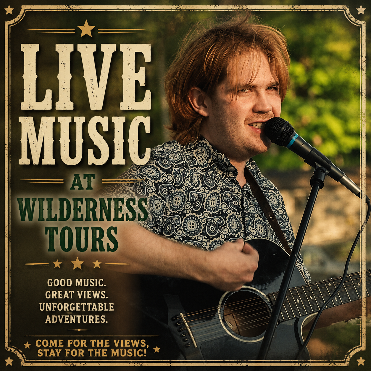 Vintage poster advertising live music at Wilderness Tours, showing a guitarist singing into a microphone on stage.